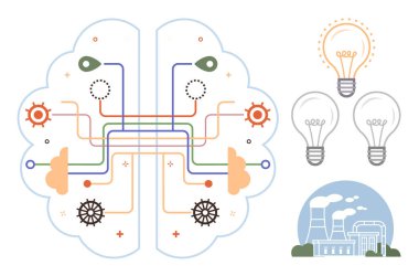 Beyin şeklindeki devreler fikirler ve yenilikler için dişlileri ve ampulleri birbirine bağlar. İllülasyon, enerji santralleri ve enerji üretimiyle sanayiyi gösteriyor. Teknoloji, yenilik ve yaratıcılık için ideal