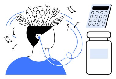 Çiçek açan kafası olan kişi yaratıcılığı, kulaklıkları, hesap makinesi ve ilaç şişesiyle birlikte müziği simgeler. Zenginlik, yaratıcılık, üretkenlik, farkındalık, denge, zihinsel