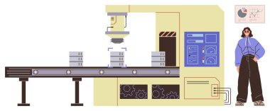Robot kollu taşıyıcı bant sistemi, istiflenmiş paketler, kontrol paneli ve çalışan denetleme süreci. Üretim, otomasyon, verimlilik, endüstri, veri analizi robotları için ideal