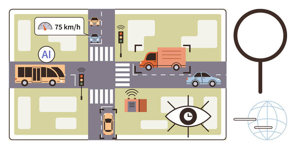 AI monitors traffic with sensors, smart vehicles, and speed detection at an intersection. Ideal for smart cities, transportation, automation, safety, innovation, urban planning simple flat metaphor
