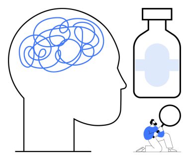 Zihinsel karmaşıklığı sembolize eden karmaşık çizgileri olan kafa profili, ilaç şişesi, bilim adamı inceleme raporu. Ruh sağlığı, terapi, ilaç, araştırma, analiz, yenilikçi sağlık hizmetleri için ideal