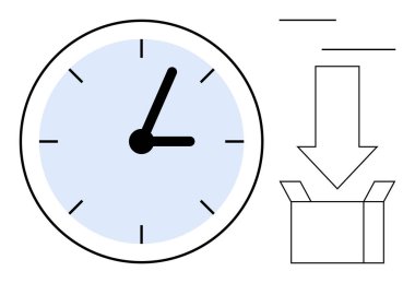 Siyah elli duvar saati, aşağı doğru ok ve zamanı, dakikliği, son teslim tarihini, iş akışı optimizasyonunu, görev önceliklerini, verimliliği ve süreci temsil eden açık kutu.