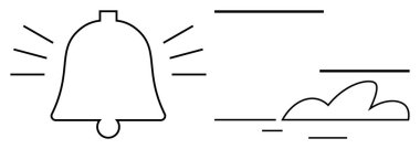 Çıngıraklı çan ve bulutlu temiz siyah çizgi sanat tasarımı. Alarm, bilgilendirme, bulut servisi, güncellemeler, iletişim, basitlik, modern UI için ideal. Minimalist düz metafor