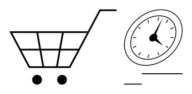 Saatli alışveriş arabası zaman yönetimini ve hızlı hizmetleri simgeliyor. E-ticaret, dağıtım, verimlilik, üretkenlik, çevrimiçi mağazalar, perakende işlemleri için ideal, basit düz metafor