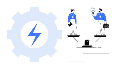 Yıldırımlı bir teçhizatın yanında fikir alışverişinde bulunan iki profesyonel. Takım çalışması, yenilik, işyeri dinamiği, üretkenlik, enerji, denge için ideal