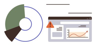 Parçalanmış bölümleri olan turta grafiği, büyüme eğilimi çizelgesi içeren gösterge paneli, uyarı simgesi. Veri analizi, iş büyümesi, hata tespit, rapor güncellemeleri, finans, teknoloji için ideal