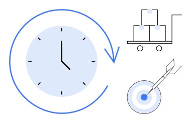 Saat zaman takibini vurgular, el arabası envanter akışını sembolize eder ve hedef de hedefleri simgeler. Üretkenlik, zaman yönetimi, tedarik zinciri, lojistik, verimlilik hedef belirleme stratejisi için idealdir. Basit.