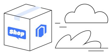 Bulut ve hareket çizgilerinin yanındaki kutuda e-ticareti, teslimatı ve hızı sembolize ediyor. Çevrimiçi alışveriş, lojistik, depolama, müşteri hizmetleri, hız teknolojisi için ideal
