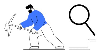 Kazma tutan adam yere çarpıyor çabayı, keşfi simgeliyor. Geniş büyüteç keşfin, problem çözmenin ve yeniliğin altını çiziyor. Araştırma, soruşturma, hedefler, geliştirme için ideal