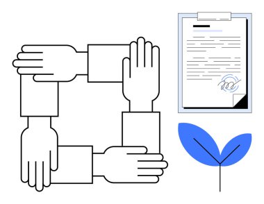 Birbirlerine kenetlenmiş eller, imzalı bir belge ve yaprak ile bir kare oluşturuyorlar. Takım çalışması, ortaklık, sözleşme, sürdürülebilirlik, işbirliği, etik iş ve anlaşma için ideal. Basit bir daire.