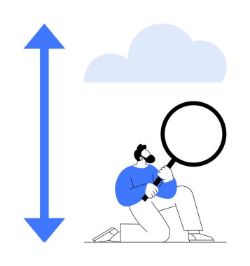 Diz çöken, büyüteç tutan, ok ve bulutlara karşı büyümeyi inceleyen biri. Keşif, büyüme, analiz, araştırma, ilerleme ölçüm merakı için idealdir. Basit düz metafor