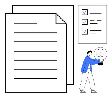 Büyük belgeler, işaretli kontrol listesi, fikirleri, organizasyonu ve üretkenliği sembolize eden ampul taşıyan kişi. Yenilik, planlama, strateji, eğitim yaratıcılığı için ideal