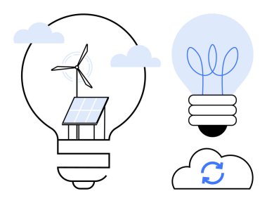 Ampulün içinde rüzgar türbini olan güneş paneli, soyut çevre dostu ampul, ve sürdürülebilirliği gösteren oklu bulut. Enerji korunumu, yeşil teknoloji, ekolojik trendler ve verimlilik için ideal
