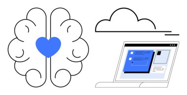 Kalp, duygusal zekayı, bulut bağlantıyı ve teknoloji için dizüstü bilgisayarı sembolize eder. Yapay zeka, makine öğrenimi, bulut hesaplaması, duygusal zeka ve yenilik için ideal