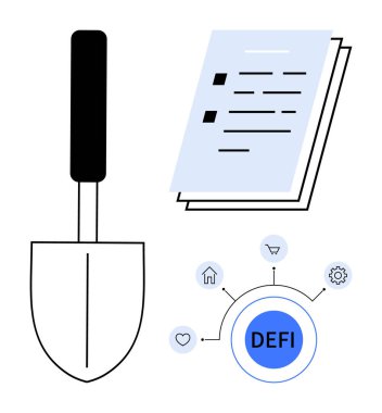 Kürek, çabayı sembolize eder, sözleşmeleri temsil eden belgeler, ve finansal iş akışı için bir DeFi diyagramı. Engelleme zinciri, kripto, akıllı sözleşmeler, tarım, teknoloji, merkezi olmayan sistemler için ideal