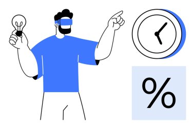 VR kulaklık takan adamın elinde yeniliği sembolize eden bir ampul var. Saat olarak öne çıkan noktalar ve yüzde işareti zaman, verimlilik ve veriyi gösteriyor. Teknoloji, yaratıcılık ve problem çözme için ideal