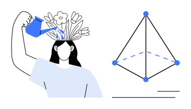 Kadın kafasına su döküyor, çiçekler yaratıcılığı simgelemek için büyüyor. Geometrik şekiller fikirleri, yenilikleri ve yapıyı temsil eder. Yaratıcılık, farkındalık, öğrenme, kişisel büyüme için ideal
