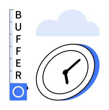 Zaman, verimlilik ve dijital iş akışını temsil eden mavi tampon ölçer ve bulut grafiğinin yanında eğik duran saat. Zamanlama, planlama, verimlilik, teknoloji, veri depolama, bulut için ideal