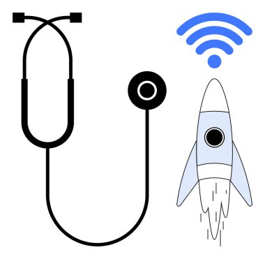 Stetoskop roket fırlatmanın yanında kablosuz sinyal altında, sağlık hizmetleri, yenilik ve bağlantıyı birleştiriyor. Dijital sağlık, teletıp, tıbbi yenilik, uzaktan bakım ve teknoloji için ideal