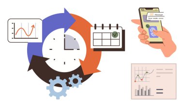 Oklu saat, takvim, analitik grafikler, dijital mesajı olan akıllı telefon ve vitesler. Üretkenlik, zamanlama, proje yönetimi, verimlilik izleme zamanı optimizasyonu için ideal