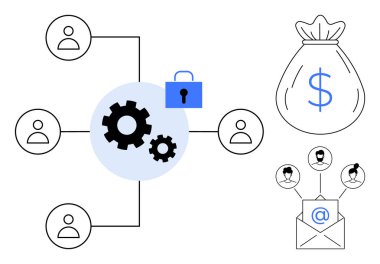 Bağlı kullanıcılar, iş akışı için vitesler, güvenlik için kilit, finans için para çantası, artı e-posta temelli iletişim. Takım çalışması, veri güvenliği, finans sistemleri, e-posta pazarlama iş akışı için ideal