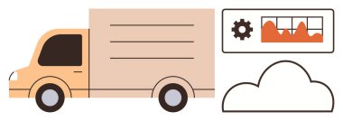 Analitik gösterge paneli olan kargo kamyonu, bulut anahatlarıyla birlikte grafik ve vites simgesini gösteriyor. Ulaşım, lojistik, veri yönetimi, bulut hesaplama, tedarik zinciri, filo takibi için ideal