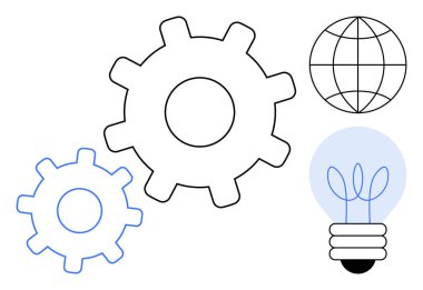 Parlayan bir ampul ve bir dünya çizgisi olan birbirine kenetlenmiş dişliler. Takım çalışması, yenilik, fikirler, küresel bağlantı, enerji çözümleri, mekanik ve yaratıcılık kavramları için idealdir. Basit düz metafor