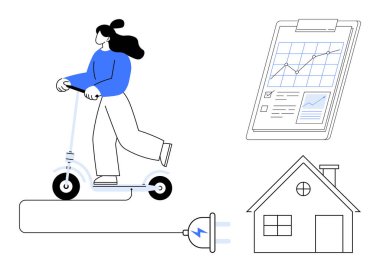 Elektrikli scooter kullanan kadın, şarj kablosu ve fişi yenilenebilir enerjiyi sembolize ediyor, grafik veri analizi ve ekolojik bilinçli yaşam hakkında ipuçları veriyor. Sürdürülebilirlik, enerji ve teknoloji için ideal