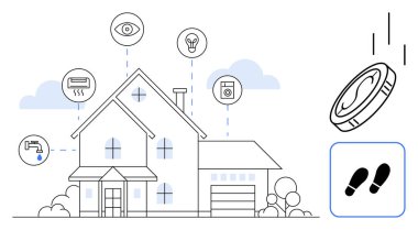 Güvenlik, aydınlatma, havalandırma, enerji izleme cihazları olan birbirine bağlı ev. Ev otomasyonu için ideal, enerji verimliliği, akıllı yaşam, teknoloji, kolaylık yeniliği basit düz