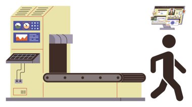 Kontrol paneli ve taşıyıcı bandı olan büyük bir makine, yürüyüp giden bir figür, çizelgeli bir bilgisayar ekranı. Veri işleme, sistem otomasyonu, analitik, üretkenlik, yenilik, verimlilik için ideal