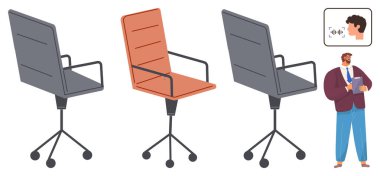 Üç ofis sandalyesi, biri hasarlı, geri bildirim paylaşan bir adam, işyeri endişelerini vurguluyor. İş için ideal, üretkenlik, raporlama, müşteri hizmetleri, geri bildirim şikayetleri basit düz