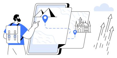 Sırt çantalı sakallı bir yürüyüşçü, içinde dağlar ve bir şato bulunan dijital bir haritada geziniyor. Seyahat, navigasyon, turizm, keşif, yürüyüş, macera, dijital çözüm metaforu için idealdir. Basit.