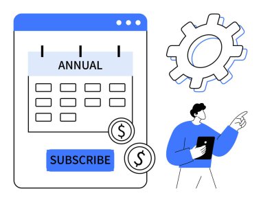 Yıllık, abonelik düğmesi, madeni paralar, teçhizat ve elinde tablet bulunan kişi mali planlamayı, abonelik hizmetlerini, yatırımı, bütçe yönetimini ve dijital araçları temsil ediyor. İdeal