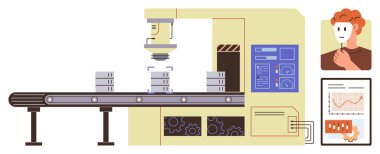 Endüstriyel taşıyıcı kutuları robotik sistem altında taşıyor, bilgisayar arayüzü, grafikler ve denetleyici avatar içeriyor. Otomasyon, verimlilik, yapay zeka, imalat, robot teknolojisi için ideal