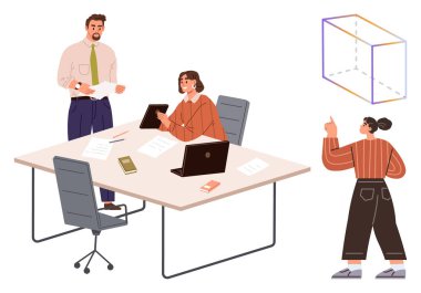 Kağıtlar, tabletler ve dizüstü bilgisayarlar kullanarak iki çalışan ve bir daimi sunucuyla ofis toplantısı. 3 boyutlu küp diyagramı açıklanıyor. Takım çalışması, planlama, tasarım düşünme ve eğitim için ideal