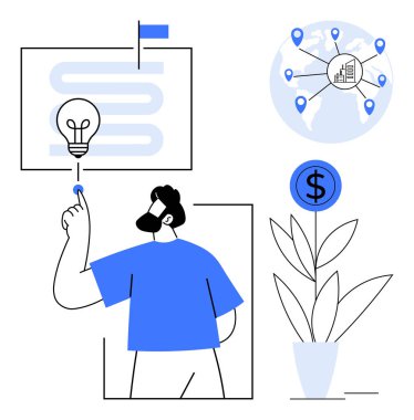 Ampulü aktive eden kişi, konum noktaları olan harita ve bitkinin üzerinde dolar sembolü. Yenilik için ideal, küresel ağ, yaratıcılık, iş büyümesi, yatırım, strateji dijital