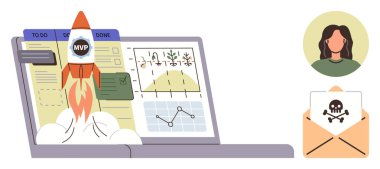 Roket dizüstü bilgisayarından proje paneli, büyüme grafikleri ve görev yönetim listeleriyle kalkıyor. Kadının profili ve kötü amaçlı yazılım uyarısı. Üretkenlik, yenilik ve takım çalışması için ideal