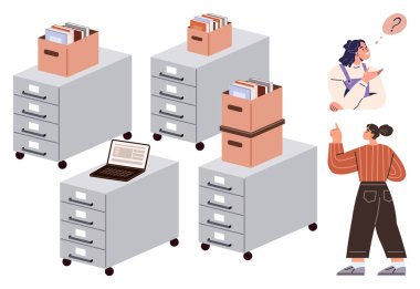 Dolaplar dolusu belge, dijital işler için bir dizüstü bilgisayar ve iletişim kuran kafası karışmış iki işçi. Organizasyon için ideal, ofis iş akışı, takım çalışması, problem çözme, dijital hale getirme, dosya