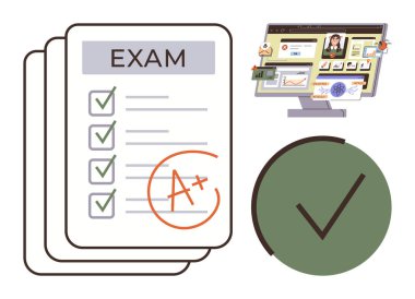 Sınav kağıtları mükemmel A notuyla ve öğrenme materyallerini ve yeşil işaretleri gösteren bir monitörün yanında cevapları işaretledi. Eğitim, başarı, ilerleme izleme ve öğrenme uygulamaları için ideal