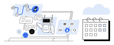 Yapay zeka sohbet robotu kullanıcılarla, konuşma baloncuklarıyla, ruh hali simgeleriyle, görev akışı diyagramlarıyla ve takvimle etkileşimde. Otomasyon, üretkenlik, müşteri hizmetleri, veri analiz iletişim teknolojisi için ideal