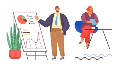 Grafik ve çizelgelerle veri sunan bir adam, belgelerle oturan bir kadın. Takım çalışması, iş stratejisi, analitik, liderlik, eğitim, toplantılar için ideal, basit düz metafor