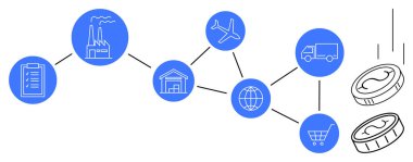 Fabrika planı, depo, uçak, kamyon, dünya, madeni paralar, market tezgahı şeması. Lojistik ticareti, e-ticaret dağıtım üretim prodüksiyonu, küresel pazarlar için idealdir. Basit düz