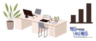 Çift dizüstü bilgisayarlı ofis masası, akıllı telefonlar, dosyalar, saksı bitkileri, sohbet platformu ve yükselen bir bar çizelgesi. Uzak çalışma, üretkenlik, takım çalışması iletişim iş büyümesi dijital araçları için ideal