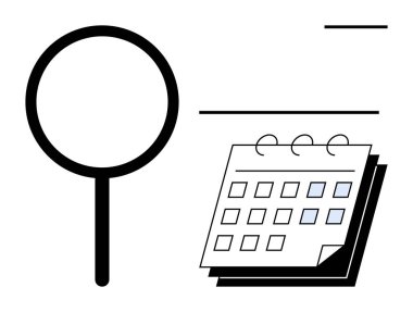 Üzerinde tarih yazan spiral takvimin yanında büyüteç asılı duruyor. Zaman yönetimi, görev öncelikleri, araştırma, randevu zamanlaması, verimlilik, organizasyon, teslim tarihleri için ideal
