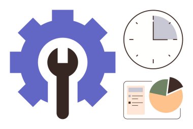 İngiliz anahtarı optimizasyonu simgeleyen vites, zaman takibi için saat ve veri analizi için çizelgeler. Üretkenlik, optimizasyon, analitik, zaman yönetimi, strateji süreci planlaması için ideal. Basit.