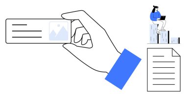 Üzerinde resim ve metin olan bir kartı tutarken. Dizüstü bilgisayarı olan bir kadın istiflenmiş blokların üzerinde oturuyor. Metni görünür olan belge sayfası. Tasarım, iş, eğitim, iletişim, pazarlama, iş akışı için ideal