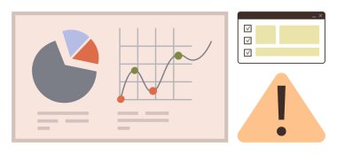 Turta grafiği, veri noktaları olan çizgi grafiği, tarayıcı penceresindeki kontrol listesi ve uyarı üçgeni. Analiz, karar verme, iş stratejisi, risk alarmı, veri gözden geçirme öncelikleri için ideal basit