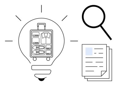 İçinde düzgün paketlenmiş eşyalar, büyüteç ve belgeler olan bir bavul hazırlayan bir ampul. Seyahat tavsiyeleri, organizasyon, verimlilik, planlama, keşif, üretkenlik için ideal basit düz metafor