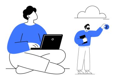 Dizüstü bilgisayarla çalışan biri, iş arkadaşı para birimi simgesi ile finansal konsept sunuyor. Uzaktan çalışma, takım çalışması, finansal planlama, teknoloji, sanal iletişim ve iş için ideal