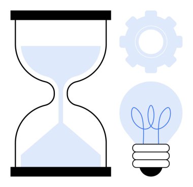 Dişli ve ampulle bağlantılı kum saati, zaman, yenilik, verimlilik ve problem çözme kavramlarının harmanlanması. Yaratıcılık, planlama, verimlilik, takım çalışması son teslim tarihi stratejisi için ideal